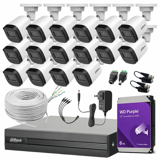 Kit Videovigilancia Cronos 16 Cámaras Dahua Bala B1A21N 2 MP + HDD WD Purple 6 TB + Bobina + Accesorios - Kit CCTV B1A21N-MED-CC (DVR Dahua XVR1B16-I Circuito Cerrado)