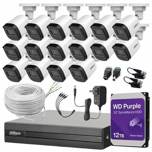 Kit Videovigilancia Cronos 16 Cámaras Dahua Bala B1A21N 2 MP + HDD WD Purple 12 TB + Bobina + Accesorios - Kit CCTV B1A21N-HIGH-SC (DVR Dahua XVR1B16-I Circuito Cerrado)