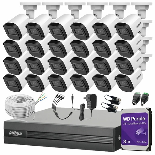 Kit Videovigilancia Cronos 24 Cámaras Dahua Bala B1A21N 2 MP + HDD WD Purple 3TB + 2 Bobina Cable UTP Cat 5e + Accesorios - Kit CCTV B1A21N-LOW-CC (DVR Dahua XVR4232AN-I Circuito Cerrado)