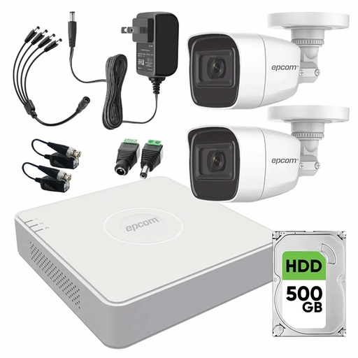 Kit de Videovigilancia Epcom 2 Cámaras Bala B8-TURBO-G2/A 2 MP Metálicas Micrófono + Disco Duro 500GB + Baluns + Accesorios - Kit CCTV B8-KIT-LOW-SC (DVR  Epcom S04-TURBO-G3H Circuito Cerrado)