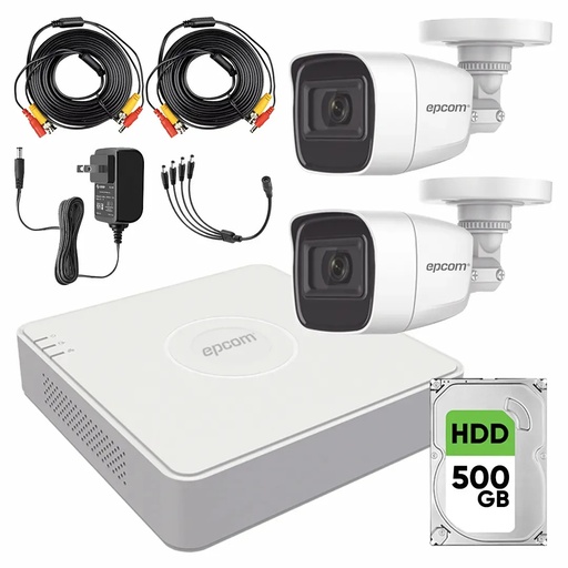 Kit de Videovigilancia Epcom 2 Cámaras Bala B8-TURBO-G2/A 2 MP Metálicas Micrófono + Disco Duro 500GB + Cables + Accesorios - Kit CCTV B8-KIT-LOW-CC (DVR  Epcom S04-TURBO-G3H Circuito Cerrado)