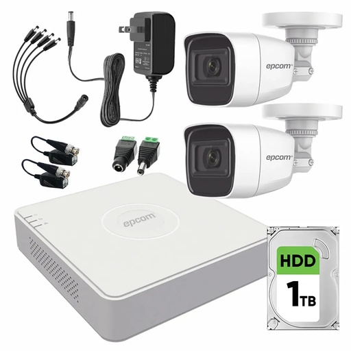 Kit de Videovigilancia Epcom 2 Cámaras Bala B8-TURBO-G2/A 2 MP Metálicas Micrófono + Disco Duro 1 TB + Baluns + Accesorios - Kit CCTV B8-KIT-MED-SC (DVR  Epcom S04-TURBO-G3H Circuito Cerrado)