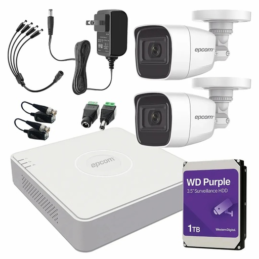 Kit de Videovigilancia Epcom 2 Cámaras Bala B8-TURBO-G2/A 2 MP Metálicas Micrófono + HDD WD Purple 1 TB + Baluns + Accesorios - Kit CCTV B8-KIT-MED-SC (DVR  Epcom S04-TURBO-G3H Circuito Cerrado)