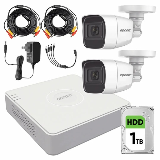 Kit de Videovigilancia Epcom 2 Cámaras Bala B8-TURBO-G2/A 2 MP Metálicas Micrófono + Disco Duro 1 TB + Cables + Accesorios - Kit CCTV B8-KIT-MED-CC (DVR  Epcom S04-TURBO-G3H Circuito Cerrado)