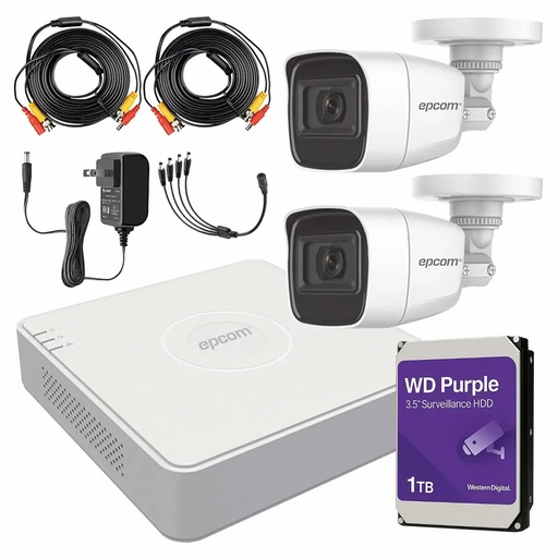 Kit de Videovigilancia Epcom 2 Cámaras Bala B8-TURBO-G2/A 2 MP Metálicas Micrófono + HDD WD Purple 1 TB + Cables + Accesorios - Kit CCTV B8-KIT-MED-CC (DVR  Epcom S04-TURBO-G3H Circuito Cerrado)