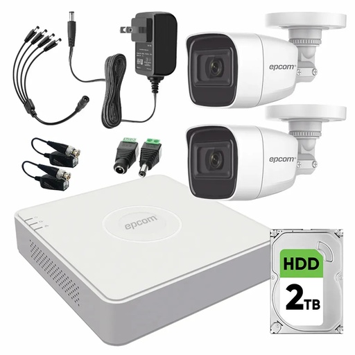 Kit de Videovigilancia Epcom 2 Cámaras Bala B8-TURBO-G2/A 2 MP Metálicas Micrófono + Disco Duro 2TB + Baluns + Accesorios - Kit CCTV B8-KIT-HIGH-SC (DVR  Epcom S04-TURBO-G3H Circuito Cerrado)