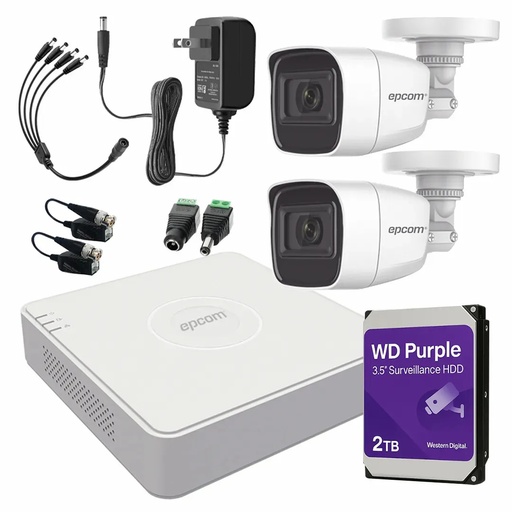 Kit de Videovigilancia Epcom 2 Cámaras Bala B8-TURBO-G2/A 2 MP Metálicas Micrófono + HDD WD Purple 2TB + Baluns + Accesorios - Kit CCTV B8-KIT-HIGH-SC (DVR  Epcom S04-TURBO-G3H Circuito Cerrado)