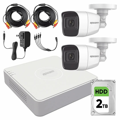 Kit de Videovigilancia Epcom 2 Cámaras Bala B8-TURBO-G2/A 2 MP Metálicas Micrófono + Disco Duro 2TB + Cables + Accesorios - Kit CCTV B8-KIT-HIGH-CC (DVR  Epcom S04-TURBO-G3H Circuito Cerrado)