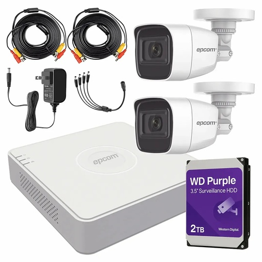 Kit de Videovigilancia Epcom 2 Cámaras Bala B8-TURBO-G2/A 2 MP Metálicas Micrófono + HDD WD Purple 2TB + Cables + Accesorios - Kit CCTV B8-KIT-HIGH-CC (DVR  Epcom S04-TURBO-G3H Circuito Cerrado)