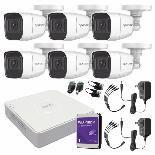 Kit de Videovigilancia Epcom 6 Cámaras Bala B8-TURBO-G2/A 2 MP Metálicas Micrófono + HDD WD Purple 1TB + Baluns + Accesorios - Kit CCTV B8-KIT-LOW-SC (DVR  Epcom S08-TURBO-M1 Circuito Cerrado)