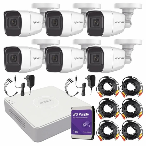 Kit de Videovigilancia Epcom 6 Cámaras Bala B8-TURBO-G2/A 2 MP Metálicas Micrófono + HDD WD Purple 1TB + Cables + Accesorios - Kit CCTV B8-KIT-LOW-CC (DVR  Epcom S08-TURBO-M1 Circuito Cerrado)