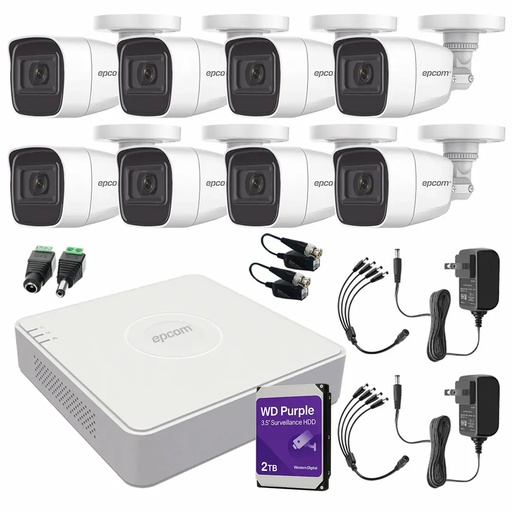 Kit de Videovigilancia Epcom 8 Cámaras Bala B8-TURBO-G2/A 2MP Metálicas Micrófono + HDD WD Purple 2TB + Baluns + Accesorios - Kit CCTV B8-KIT-LOW-SC (DVR  Epcom S08-TURBO-M1 Circuito Cerrado)