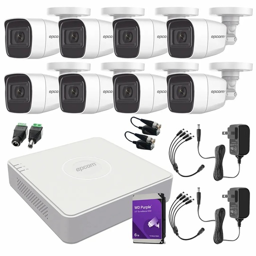 Kit de Videovigilancia Epcom 8 Cámaras Bala B8-TURBO-G2/A 2MP Metálicas Micrófono + HDD WD Purple 6TB + Baluns + Accesorios - Kit CCTV B8-KIT-HIGH-SC (DVR  Epcom S08-TURBO-M1 Circuito Cerrado)
