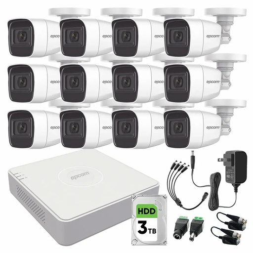 Kit de Videovigilancia Epcom 12 Cámaras Bala B8-TURBO-G2/A 2 MP Metálicas Micrófono + Disco Duro 3TB + Baluns + Accesorios - Kit CCTV B8-KIT-LOW-SC (DVR  Epcom S16-TURBO-M1 Circuito Cerrado)