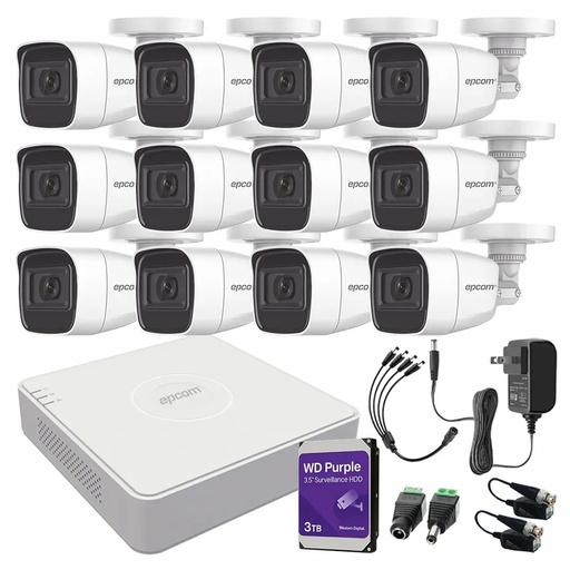 Kit de Videovigilancia Epcom 12 Cámaras Bala B8-TURBO-G2/A 2 MP Metálicas Micrófono + HDD WD Purple 3TB + Baluns + Accesorios - Kit CCTV B8-KIT-LOW-SC (DVR  Epcom S16-TURBO-M1 Circuito Cerrado)