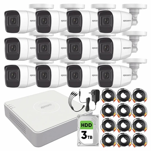 Kit de Videovigilancia Epcom 12 Cámaras Bala B8-TURBO-G2/A 2 MP Metálicas Micrófono + Disco Duro 3TB + Cables + Accesorios - Kit CCTV B8-KIT-LOW-CC (DVR  Epcom S16-TURBO-M1 Circuito Cerrado)