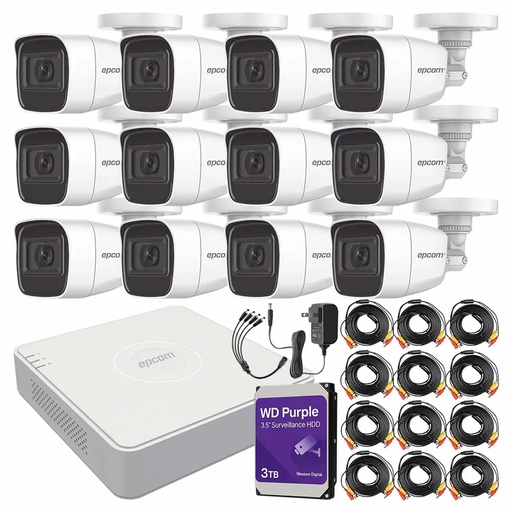 Kit de Videovigilancia Epcom 12 Cámaras Bala B8-TURBO-G2/A 2 MP Metálicas Micrófono + HDD WD Purple 3TB + Cables + Accesorios - Kit CCTV B8-KIT-LOW-CC (DVR  Epcom S16-TURBO-M1 Circuito Cerrado)