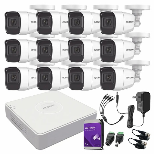 Kit de Videovigilancia Epcom 12 Cámaras Bala B8-TURBO-G2/A 2 MP Metálicas Micrófono + HDD WD Purple 6TB + Baluns + Accesorios - Kit CCTV B8-KIT-MED-SC (DVR  Epcom S16-TURBO-M1 Circuito Cerrado)