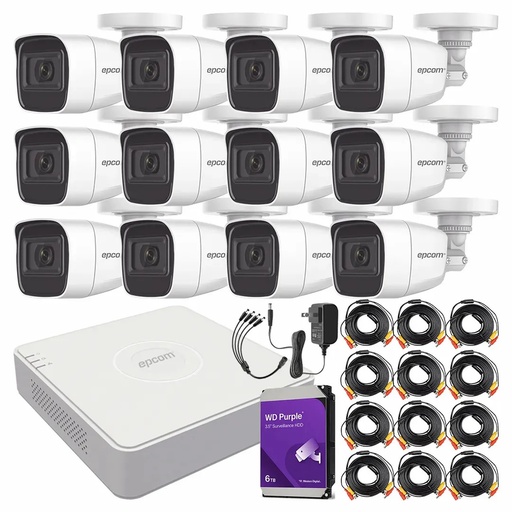 Kit de Videovigilancia Epcom 12 Cámaras Bala B8-TURBO-G2/A 2 MP Metálicas Micrófono + HDD WD Purple 6TB + Cables + Accesorios - Kit CCTV B8-KIT-MED-CC (DVR  Epcom S16-TURBO-M1 Circuito Cerrado)