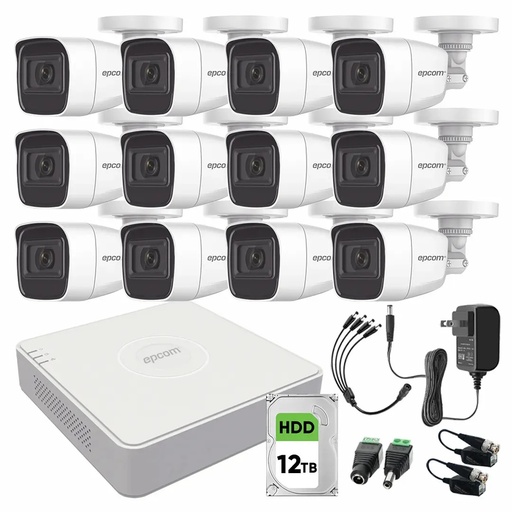 Kit de Videovigilancia Epcom 12 Cámaras Bala B8-TURBO-G2/A 2 MP Metálicas Micrófono + Disco Duro 12TB + Baluns + Accesorios - Kit CCTV B8-KIT-HIGH-SC (DVR  Epcom S16-TURBO-M1 Circuito Cerrado)