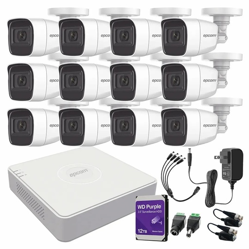 Kit de Videovigilancia Epcom 12 Cámaras Bala B8-TURBO-G2/A 2 MP Metálicas Micrófono + HDD WD Purple 12TB + Baluns + Accesorios - Kit CCTV B8-KIT-HIGH-SC (DVR  Epcom S16-TURBO-M1 Circuito Cerrado)