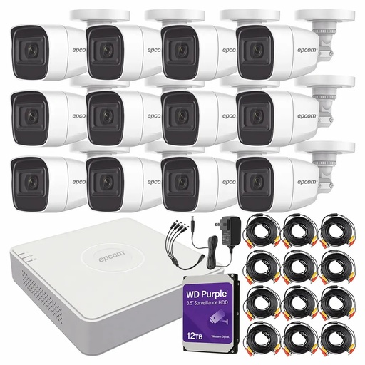 Kit de Videovigilancia Epcom 12 Cámaras Bala B8-TURBO-G2/A 2 MP Metálicas Micrófono + HDD WD Purple 12TB + Cables + Accesorios - Kit CCTV B8-KIT-HIGH-CC (DVR  Epcom S16-TURBO-M1 Circuito Cerrado)