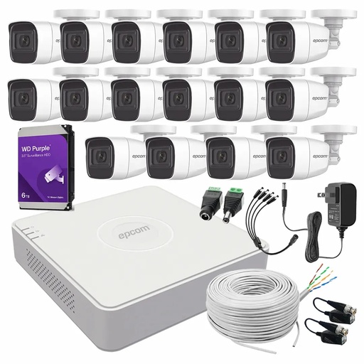 Kit de Videovigilancia Epcom 16 Cámaras Bala B8-TURBO-G2/A 2 MP Metálicas Micrófono + HDD WD Purple 6TB + Bobina Cable UTP + Accesorios - Kit CCTV B8-KIT-MED-CC (DVR  Epcom S16-TURBO-M1 Circuito Cerrado)