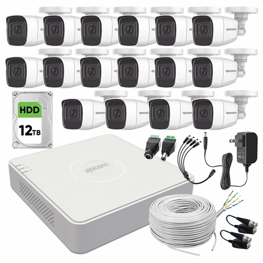 Kit de Videovigilancia Epcom 16 Cámaras Bala B8-TURBO-G2/A 2 MP Metálicas Micrófono + Disco Duro 12TB + Bobina Cable UTP + Accesorios - Kit CCTV B8-KIT-HIGH-CC (DVR  Epcom S16-TURBO-M1 Circuito Cerrado)