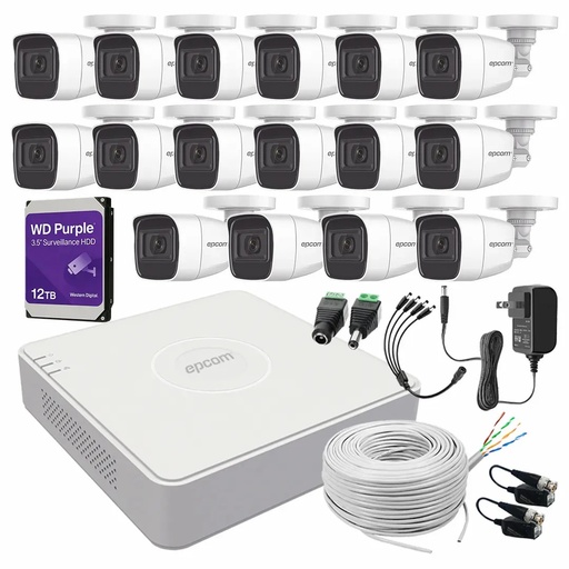 Kit de Videovigilancia Epcom 16 Cámaras Bala B8-TURBO-G2/A 2 MP Metálicas Micrófono + HDD WD Purple 12TB + Bobina Cable UTP + Accesorios - Kit CCTV B8-KIT-HIGH-CC (DVR  Epcom S16-TURBO-M1 Circuito Cerrado)