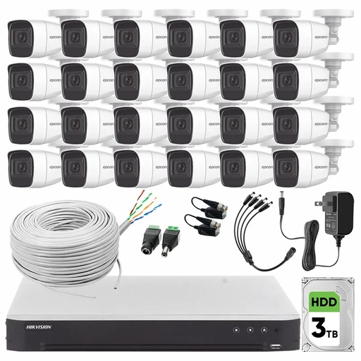 Kit Videovigilancia Epcom 24 Cámaras Bala B8-TURBO-G2/A 2MP Metálicas Micrófono + HDD 3TB + Bobina Cable UTP Cat 5e + Accesorios - Kit CCTV B8-KIT-LOW-CC (DVR  Epcom DS-7232HGHI-M2 Circuito Cerrado)