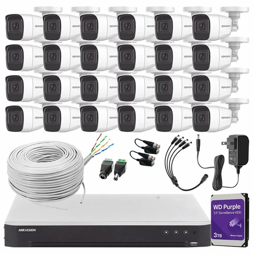 Kit Videovigilancia Epcom 24 Cámaras Bala B8-TURBO-G2/A 2MP Metálicas Micrófono + HDD WD Purple 3TB + Bobina Cable UTP Cat 5e + Accesorios - Kit CCTV B8-KIT-LOW-CC (DVR  Epcom DS-7232HGHI-M2 Circuito Cerrado)