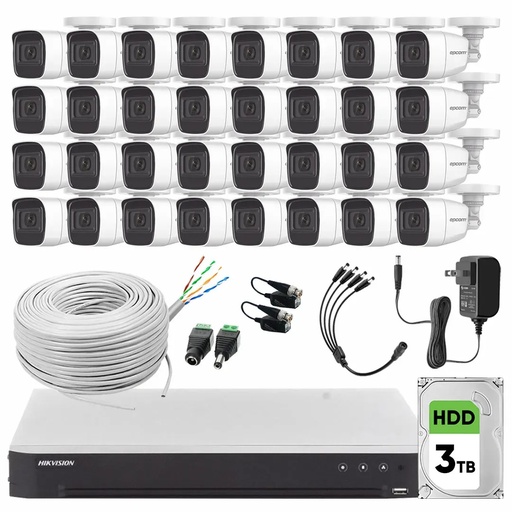 Kit Videovigilancia Epcom 32 Cámaras Bala B8-TURBO-G2/A 2MP Metálicas Micrófono + HDD 3TB + Bobina Cable UTP Cat 5e + Accesorios - Kit CCTV B8-KIT-LOW-CC (DVR  Epcom DS-7232HGHI-M2 Circuito Cerrado)