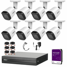 Kit Videovigilancia Cronos 8 Cámaras Dahua Bala Metalica B2A21N-U 2MP + 6TB HDD Purple WD + Cables - Kit CCTV B2A21N-HIGH-CC (DVR Dahua DH-XVR1B08-I Circuito Cerrado)