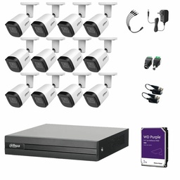 Kit Videovigilancia Cronos 12 Cámaras Dahua Bala Metalica B2A21N-U 2MP + 3TB HDD Purple WD + Baluns - Kit CCTV B2A21N-LOW-SC (DVR Dahua DH-XVR1B16-I Circuito Cerrado)