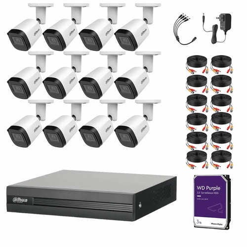 Kit Videovigilancia Cronos 12 Cámaras Dahua Bala Metalica B2A21N-U 2MP + 3TB HDD Purple WD + Cables - Kit CCTV B2A21N-LOW-CC (DVR Dahua DH-XVR1B16-I Circuito Cerrado)