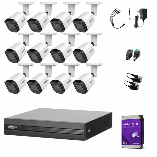 Kit Videovigilancia Cronos 12 Cámaras Dahua Bala Metalica B2A21N-U 2MP + 12TB HDD Purple WD + Baluns - Kit CCTV B2A21N-HIGH-SC (DVR Dahua DH-XVR1B16-I Circuito Cerrado)