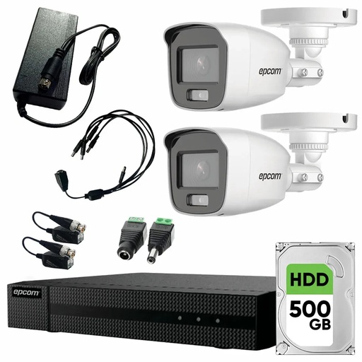 Kit Videovigilancia Epcom 2 Cámaras Bala B8-TURBO-PC/A 2 MP ColorVu y Micrófono + Disco Duro 500GB + Baluns + Accesorios - Kit CCTV B8-KIT-CV/A-LOW-SC (DVR Epcom S04-TURBO-G3HM Circuito Cerrado)