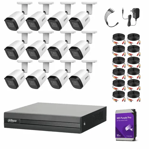 Kit Videovigilancia Cronos 12 Cámaras Dahua Bala Metalica B2A21N-U 2MP + 12TB HDD Purple WD + Cables - Kit CCTV B2A21N-HIGH-CC (DVR Dahua DH-XVR1B16-I Circuito Cerrado)
