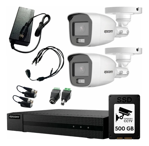 Kit Videovigilancia Epcom 2 Cámaras Bala B8-TURBO-PC/A 2 MP ColorVu y Micrófono + SSD 500GB + Baluns + Accesorios - Kit CCTV B8-KIT-CV/A-LOW-SC (DVR Epcom S04-TURBO-G3HM Circuito Cerrado)