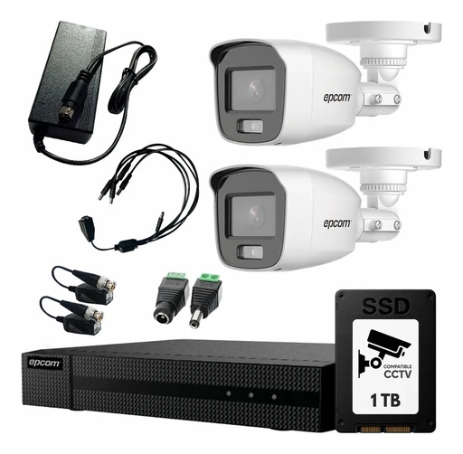 Kit Videovigilancia Epcom 2 Cámaras Bala B8-TURBO-PC/A 2 MP ColorVu y Micrófono + SSD 1 TB + Baluns + Accesorios - Kit CCTV B8-KIT-CV/A-MED-SC (DVR Epcom S04-TURBO-G3HM Circuito Cerrado)