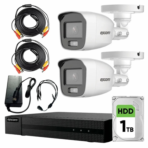 Kit Videovigilancia Epcom 2 Cámaras Bala B8-TURBO-PC/A 2 MP ColorVu y Micrófono + Disco Duro 1 TB +Cables + Accesorios - Kit CCTV B8-KIT-CV/A-MED-CC (DVR Epcom S04-TURBO-G3HM Circuito Cerrado)