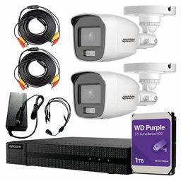 Kit Videovigilancia Epcom 2 Cámaras Bala B8-TURBO-PC/A 2 MP ColorVu y Micrófono + HDD WD Purple 1 TB +Cables + Accesorios - Kit CCTV B8-KIT-CV/A-MED-CC (DVR Epcom S04-TURBO-G3HM Circuito Cerrado)
