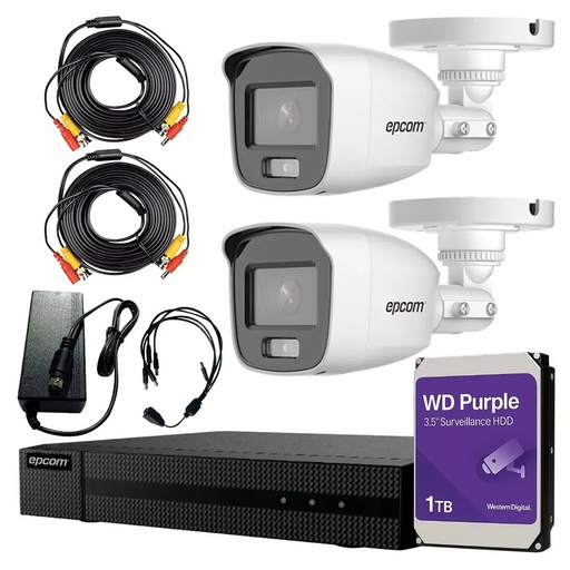 Kit Videovigilancia Epcom 2 Cámaras Bala B8-TURBO-PC/A 2 MP ColorVu y Micrófono + HDD WD Purple 1 TB +Cables + Accesorios - Kit CCTV B8-KIT-CV/A-MED-CC (DVR Epcom S04-TURBO-G3HM Circuito Cerrado)