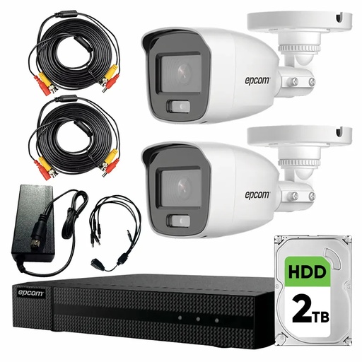 Kit Videovigilancia Epcom 2 Cámaras Bala B8-TURBO-PC/A 2 MP ColorVu y Micrófono + Disco Duro 2TB +Cables + Accesorios - Kit CCTV B8-KIT-CV/A-HIGH-CC (DVR Epcom S04-TURBO-G3HM Circuito Cerrado)
