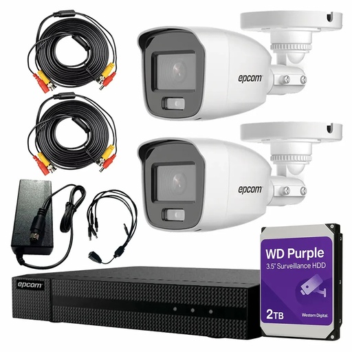 Kit Videovigilancia Epcom 2 Cámaras Bala B8-TURBO-PC/A 2 MP ColorVu y Micrófono + HDD WD Purple 2TB +Cables + Accesorios - Kit CCTV B8-KIT-CV/A-HIGH-CC (DVR Epcom S04-TURBO-G3HM Circuito Cerrado)