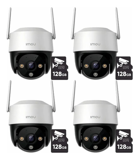 Kit Cronos 4 Cámaras de Seguridad Imou Cruiser IP PT Imou Cruiser SE+ 5MP IPC-K7CN-5H1WE WiFi + Memoria Micro SD 128GB - Full Color 24/7 IR30M Audio Bidireccional / Disuasión Activa Sirena 110dB / Autotracking y Ranura MicroSD – CCTV