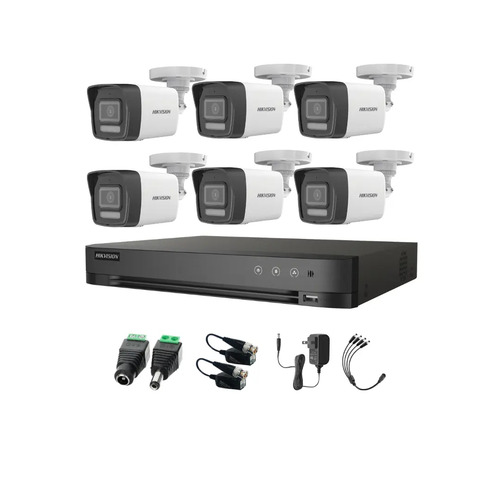 Kit Videovigilancia Hikvision 6 Cámaras Bala Dual Light ColorVu Metalica audio 2CE16K0T 5MP + baluns + Accesorios-Kit Cctv 7204HUHI-ZERO-SC (DVR 7208HQHI-M1/XT)