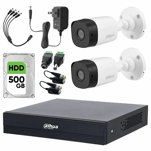 Kit Videovigilancia Cronos 2 Cámaras Dahua Bala B1A211 1MP + Disco Duro 500GB + Baluns + Accesorios - Kit CCTV B1A11-LOW-SC  (DVR Dahua XVR1B04-I/T Circuito Cerrado)