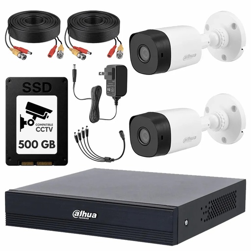 Kit Videovigilancia Cronos 2 Cámaras Dahua Bala B1A211 1MP + SSD 500GB + Cables + Accesorios - Kit CCTV B1A11-LOW-CC  (DVR Dahua XVR1B04-I/T Circuito Cerrado)