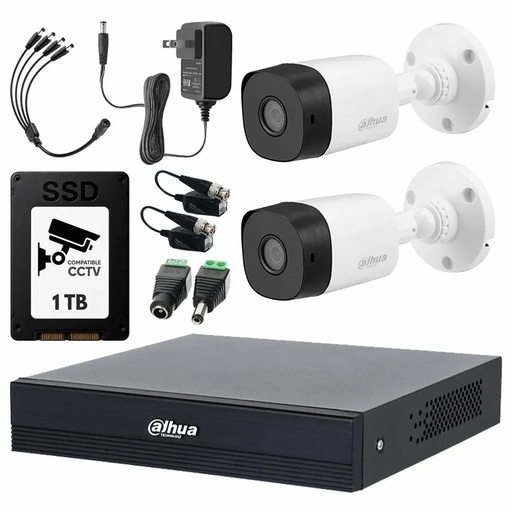 Kit Videovigilancia Cronos 2 Cámaras Dahua Bala B1A211 1MP + SSD 1TB + Baluns + Accesorios - Kit CCTV B1A11-MED-SC  (DVR Dahua XVR1B04-I/T Circuito Cerrado)